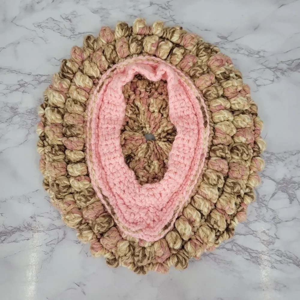 Handmade Chunky Crochet Knit Pink and Tan Beret Hat